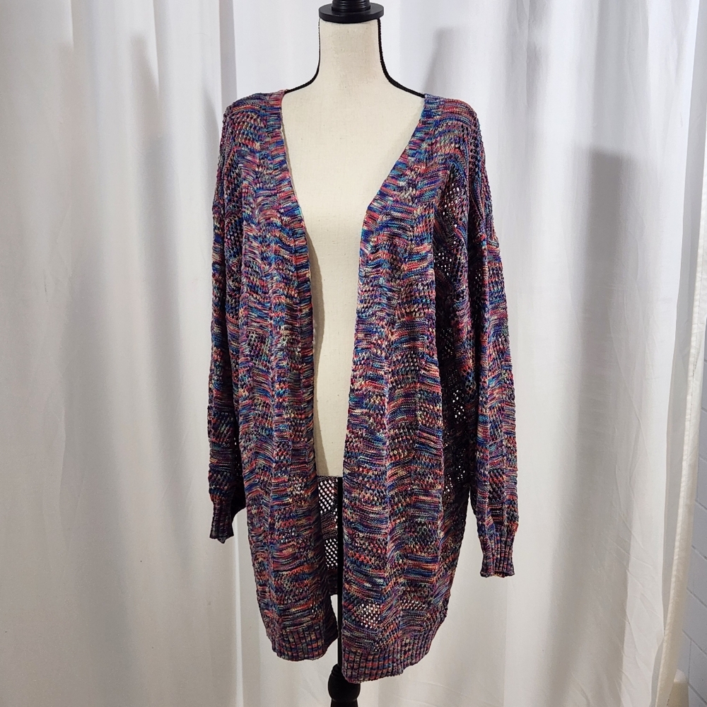 MULTI Color Pointelle Knit Open Front Long Cardigan
